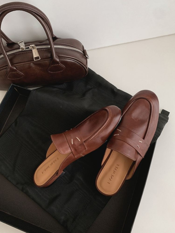 2025 novi stil, oprana teleća koža, slip-on mule sandale s ravnim potplatom od 1,5 cm