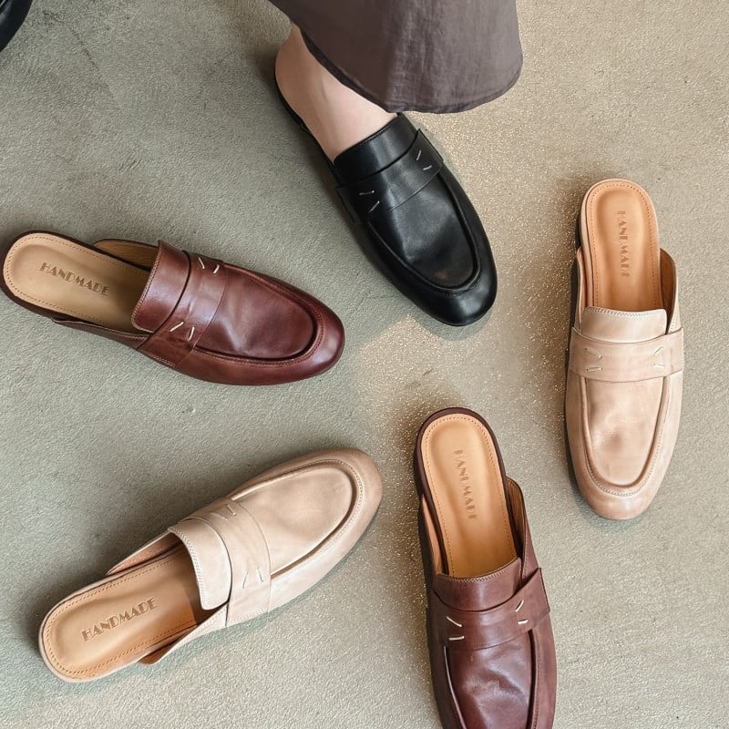 2025 novi stil, oprana teleća koža, slip-on mule sandale s ravnim potplatom od 1,5 cm