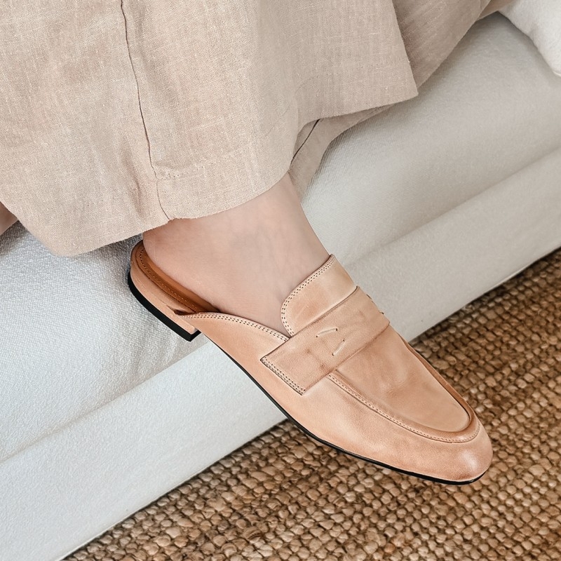 2025 novi stil, oprana teleća koža, slip-on mule sandale s ravnim potplatom od 1,5 cm