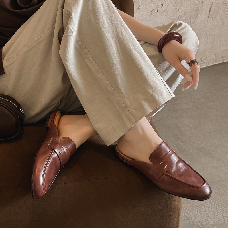 2025 novi stil, oprana teleća koža, slip-on mule sandale s ravnim potplatom od 1,5 cm