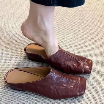 Ženske retro Baotou mule s ovčjom kožom i unutarnjim podizanjem, od prave kože, francuski retro stil