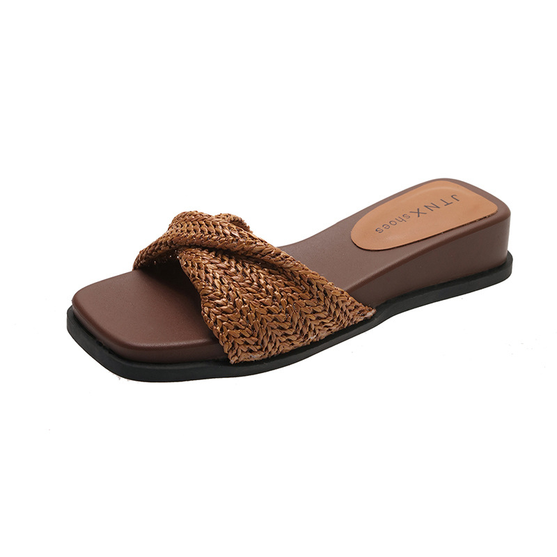 Női slip-on szandálok, puha mikroszálas felsőrésszel, üreges kötött mintával, vastag talp, nyár
