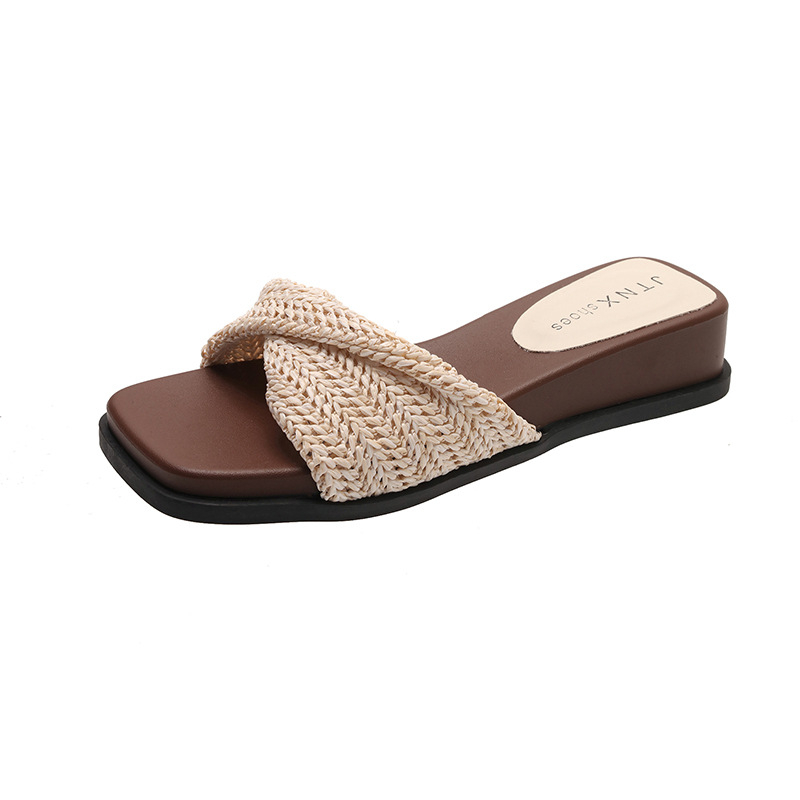 Női slip-on szandálok, puha mikroszálas felsőrésszel, üreges kötött mintával, vastag talp, nyár
