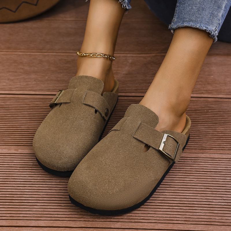 Uniszex nagy méretű Baotou slip-on papucs, marhabőr velúr felsővel, parafa talppal