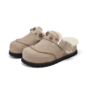 Női gyapjús papucsok vastag talppal, kövekkel díszítve, Birkenstock-stílusú zárt orrú, nubukbőr
