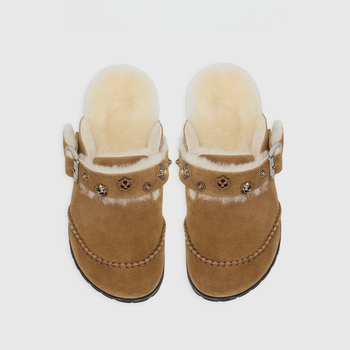 Női gyapjús papucsok vastag talppal, kövekkel díszítve, Birkenstock-stílusú zárt orrú, nubukbőr