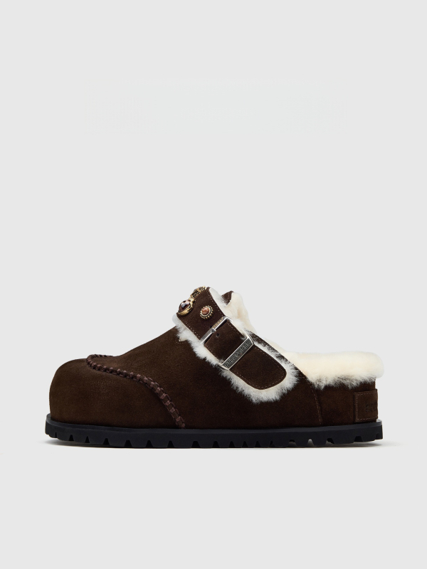 Női gyapjús papucsok vastag talppal, kövekkel díszítve, Birkenstock-stílusú zárt orrú, nubukbőr