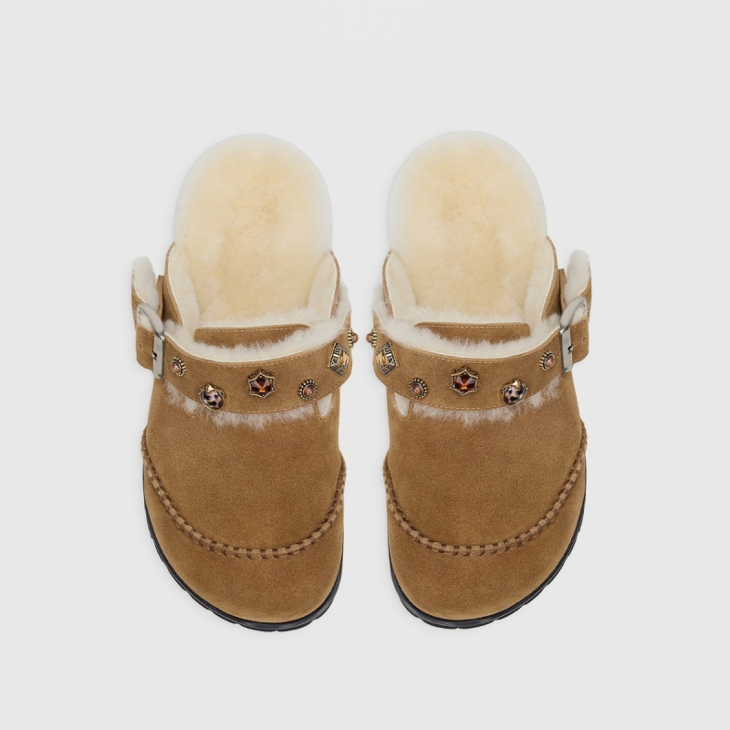 Női gyapjús papucsok vastag talppal, kövekkel díszítve, Birkenstock-stílusú zárt orrú, nubukbőr
