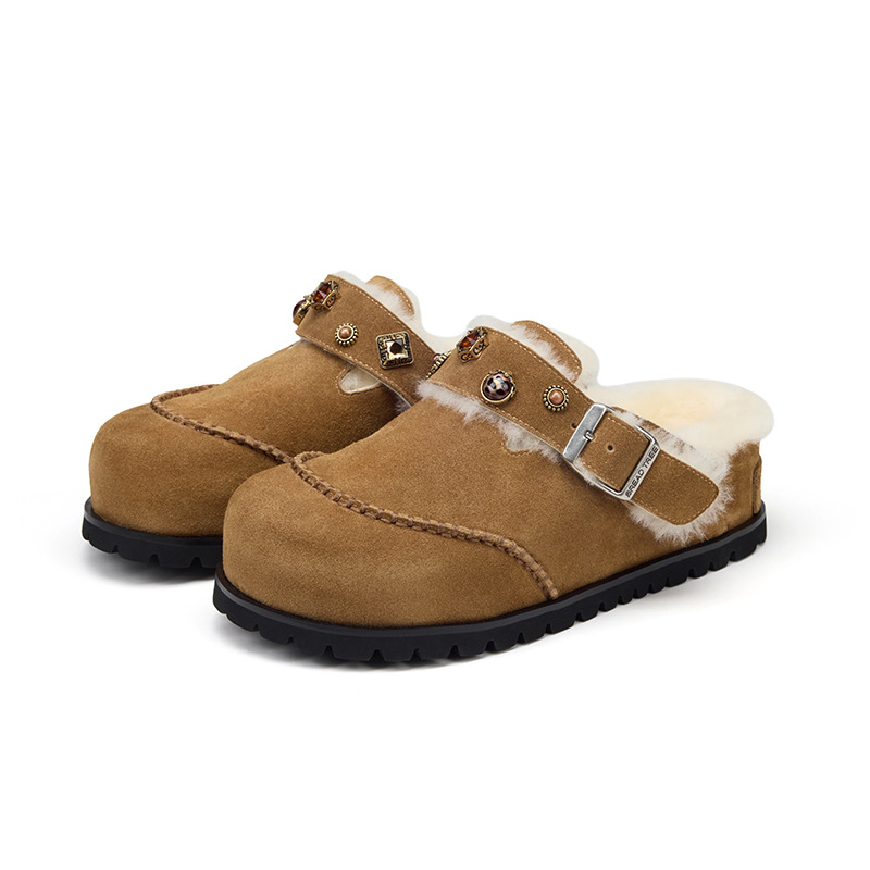 Női gyapjús papucsok vastag talppal, kövekkel díszítve, Birkenstock-stílusú zárt orrú, nubukbőr