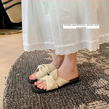 Grape Mom Sandale confortabile din piele moale, design plisat și răsucit, vârf drept, talpă cu aspect de nor, sandale de vară pentru plajă