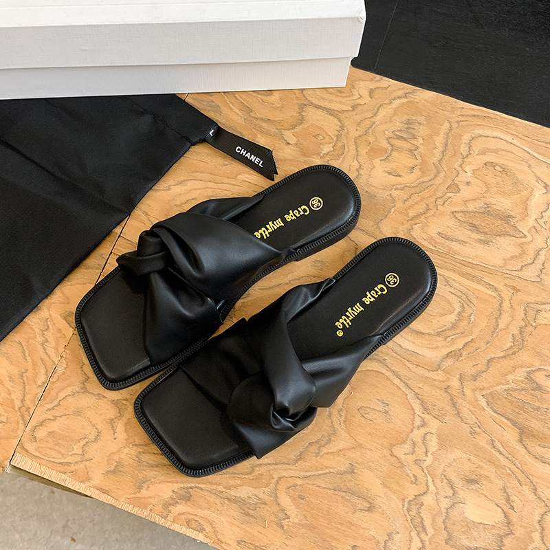 Grape Mom Sandale confortabile din piele moale, design plisat și răsucit, vârf drept, talpă cu aspect de nor, sandale de vară pentru plajă