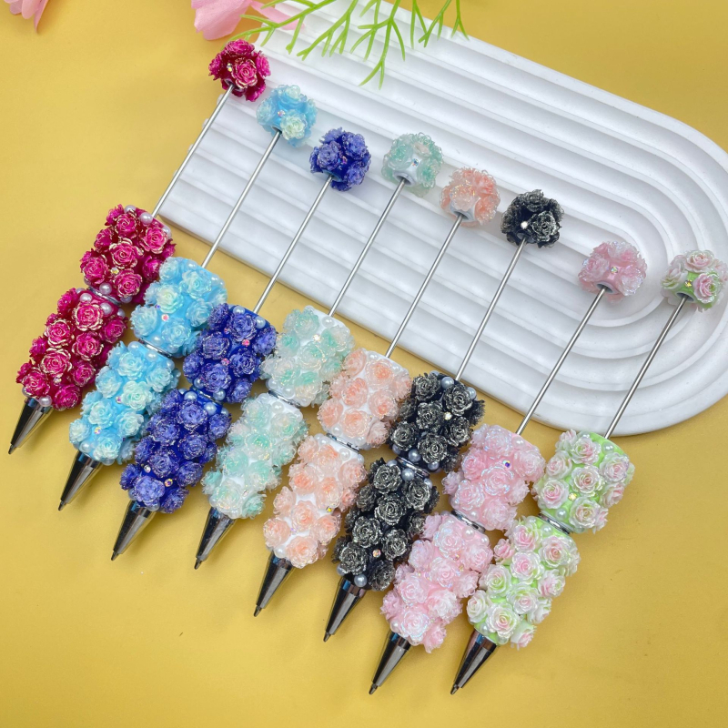Писалка с дизайн на роза, DIY с диамантени и перлени мъниста, ръчно изработена, кристали и перли, многоцветна