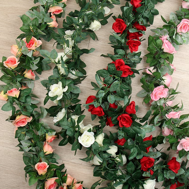 Лоза с 16 рози от коприна и зелени листа, дължина 100–200 см, за сватбена декорация, цветове: червено, бяло, розово, шампанско