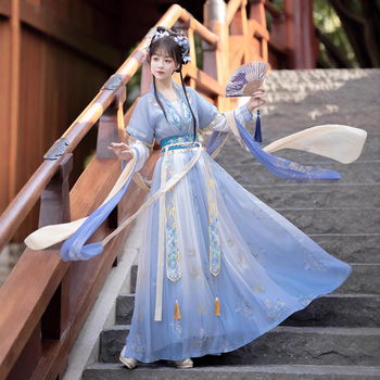Bellflower Hanfu — Bluza s Tang stilom do struka i izvezeni suknji, ljetni kineski stil