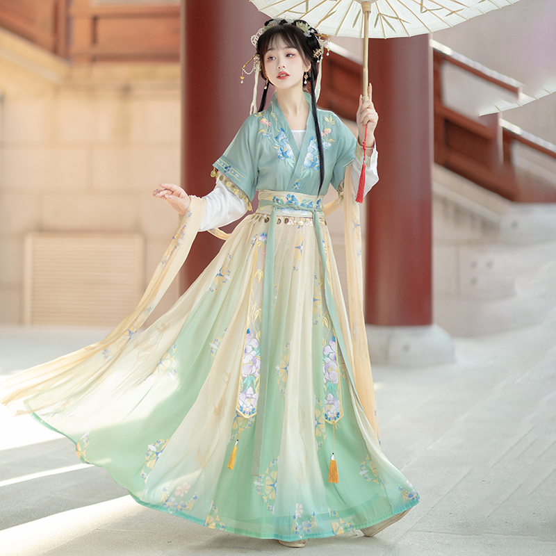 Bellflower Hanfu — Bluza s Tang stilom do struka i izvezeni suknji, ljetni kineski stil