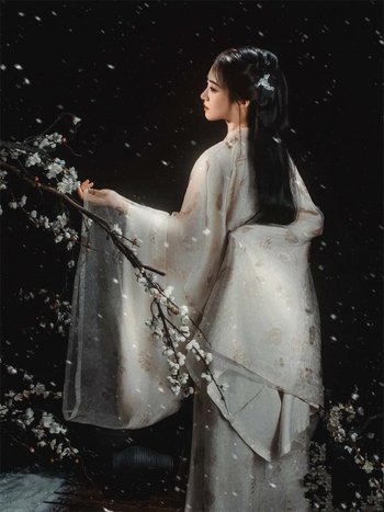 Hanfu dinastije Jin s ravnim krojem, eterični drevni stil, križani ovratnik, široki rukavi, floralni uzorak, žensko, proljeće-ljeto