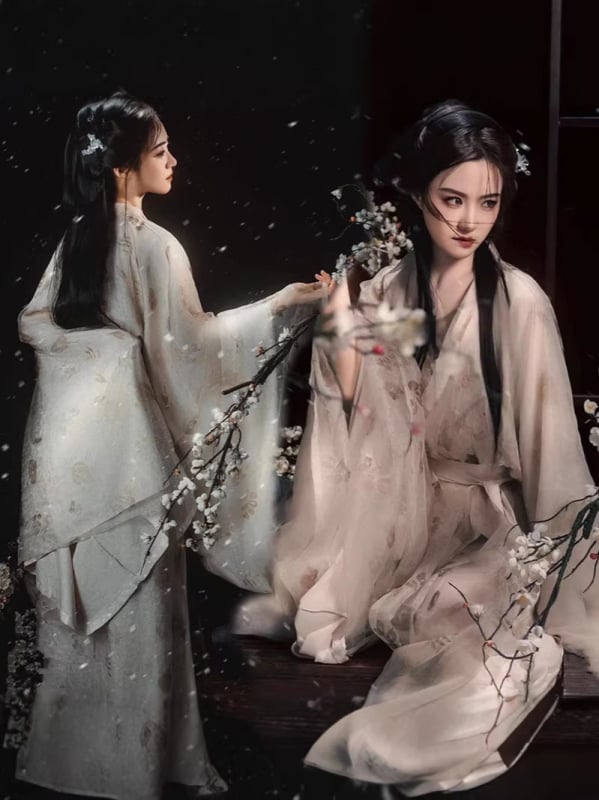 Hanfu dinastije Jin s ravnim krojem, eterični drevni stil, križani ovratnik, široki rukavi, floralni uzorak, žensko, proljeće-ljeto