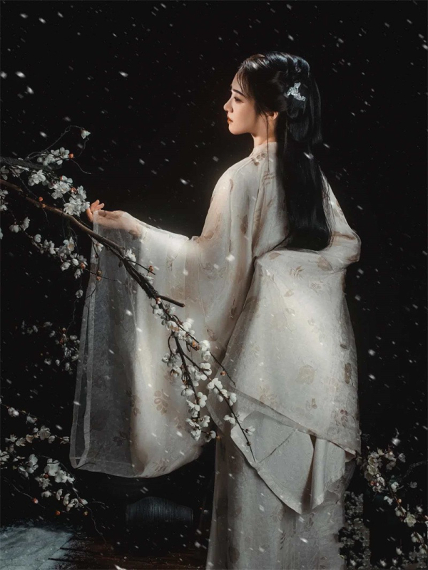 Hanfu dinastije Jin s ravnim krojem, eterični drevni stil, križani ovratnik, široki rukavi, floralni uzorak, žensko, proljeće-ljeto