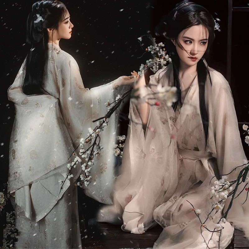 Hanfu dinastije Jin s ravnim krojem, eterični drevni stil, križani ovratnik, široki rukavi, floralni uzorak, žensko, proljeće-ljeto