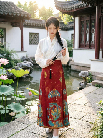 Hanfu ženski set: duga plisirana suknja s Mamian stilom, tradicionalni kineski stil, nadahnut dinastijom Ming