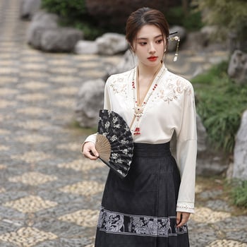 Ženski Hanfu top s preklopnim ovratnikom i izvezenim uzorom, suknja u Ming dinastijskom stilu, jesenski retro slobodan kroj