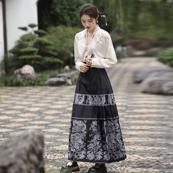 Ženski Hanfu top s preklopnim ovratnikom i izvezenim uzorom, suknja u Ming dinastijskom stilu, jesenski retro slobodan kroj