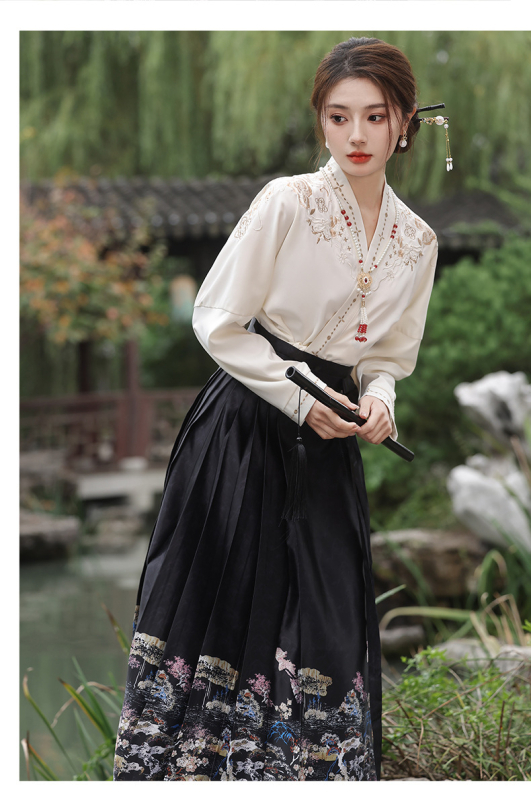 Ženski Hanfu top s preklopnim ovratnikom i izvezenim uzorom, suknja u Ming dinastijskom stilu, jesenski retro slobodan kroj
