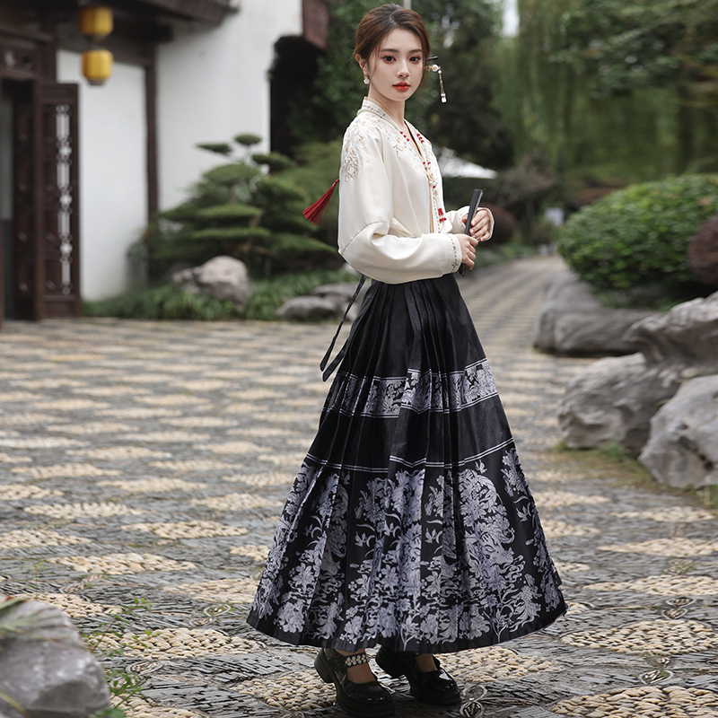 Ženski Hanfu top s preklopnim ovratnikom i izvezenim uzorom, suknja u Ming dinastijskom stilu, jesenski retro slobodan kroj