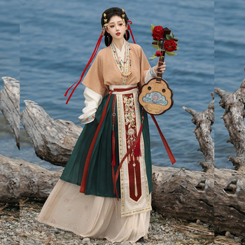 Ženski Hanfu dinastije Song: preklopna pregača s polu-rukavima i plisirana suknja do struka, proljeće–jesen