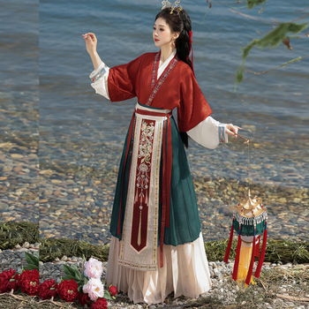 Ženski Hanfu dinastije Song: preklopna pregača s polu-rukavima i plisirana suknja do struka, proljeće–jesen