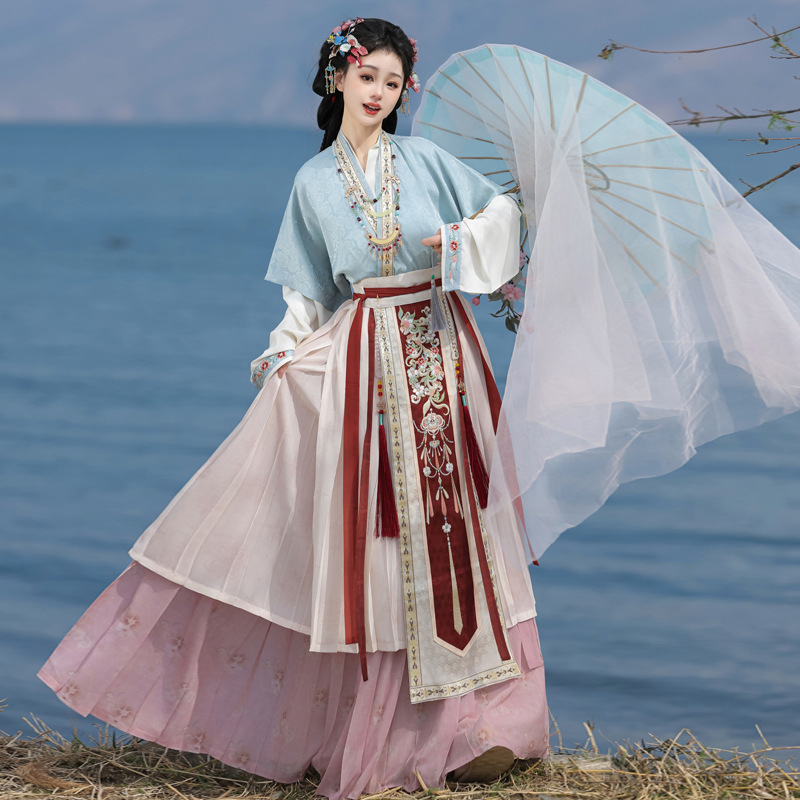 Ženski Hanfu dinastije Song: preklopna pregača s polu-rukavima i plisirana suknja do struka, proljeće–jesen