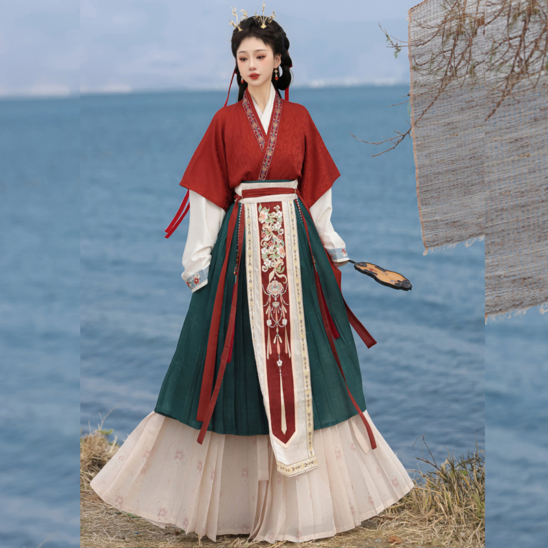 Ženski Hanfu dinastije Song: preklopna pregača s polu-rukavima i plisirana suknja do struka, proljeće–jesen