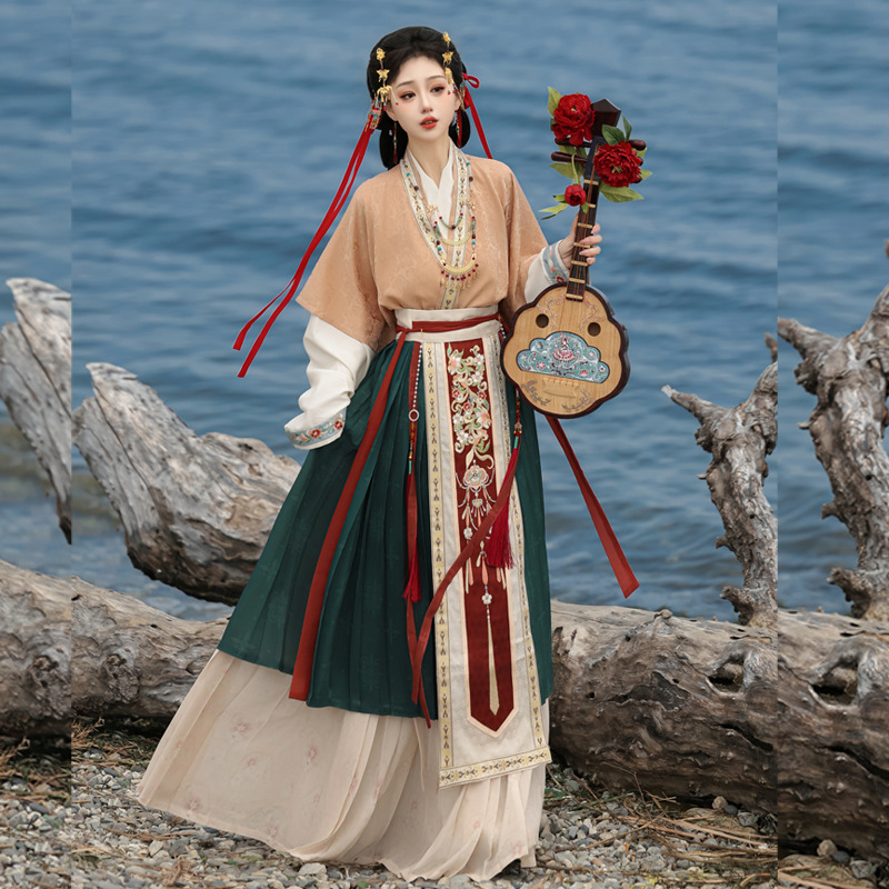 Ženski Hanfu dinastije Song: preklopna pregača s polu-rukavima i plisirana suknja do struka, proljeće–jesen