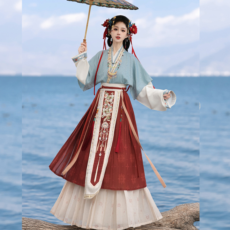 Ženski Hanfu dinastije Song: preklopna pregača s polu-rukavima i plisirana suknja do struka, proljeće–jesen