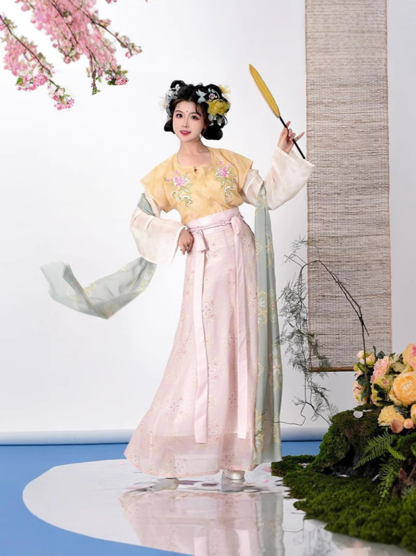 Shaohua Tang Hanfu set s izvezenim gornjim dijelom i suknjom od osam panela, svakodnevni komplet za proljeće i ljeto