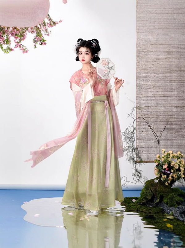 Shaohua Tang Hanfu set s izvezenim gornjim dijelom i suknjom od osam panela, svakodnevni komplet za proljeće i ljeto