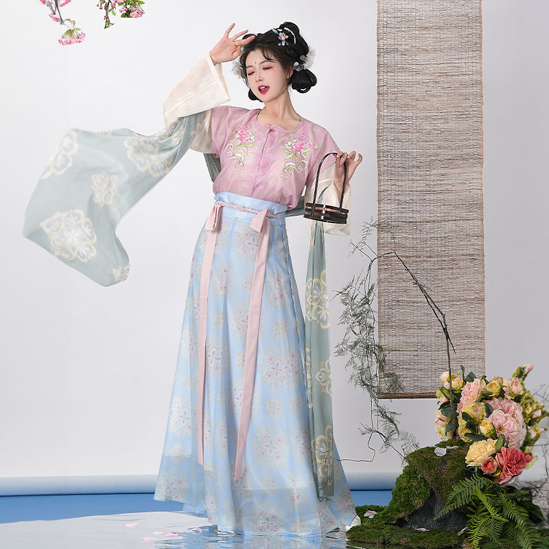 Shaohua Tang Hanfu set s izvezenim gornjim dijelom i suknjom od osam panela, svakodnevni komplet za proljeće i ljeto