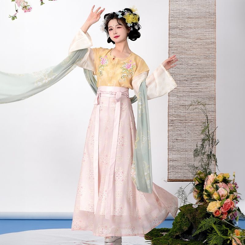 Shaohua Tang Hanfu set s izvezenim gornjim dijelom i suknjom od osam panela, svakodnevni komplet za proljeće i ljeto