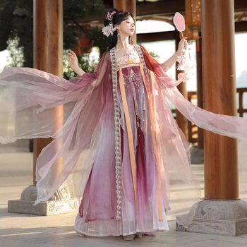 Ženski hanfu u Tang stilu: dvodjelni set do prsa sa širokim rukavima, cvjetni uzorak, svakodnevna proljetno-ljetna nosivost