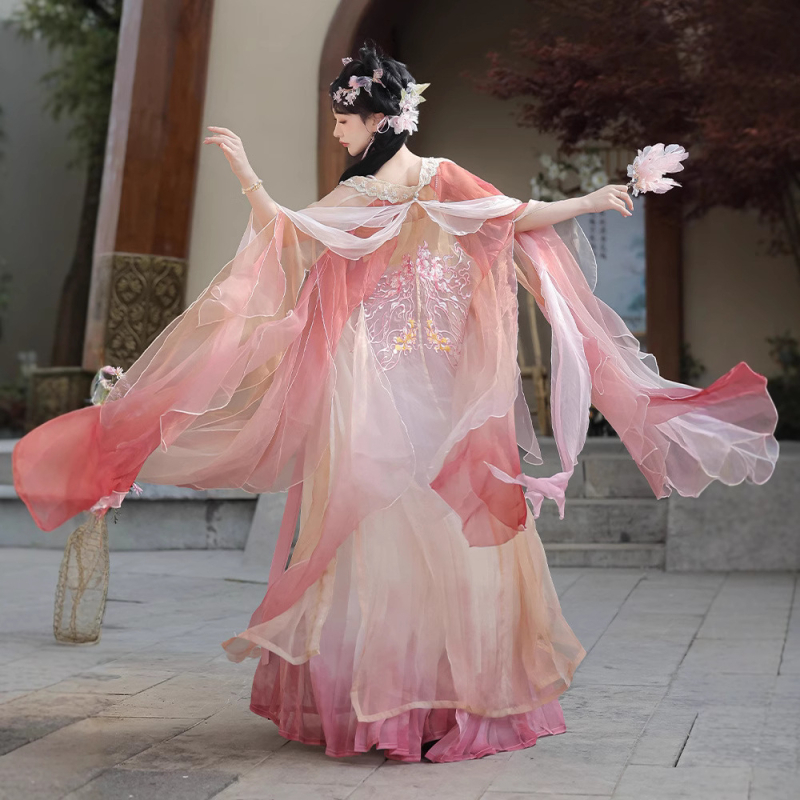 Ženski hanfu u Tang stilu: dvodjelni set do prsa sa širokim rukavima, cvjetni uzorak, svakodnevna proljetno-ljetna nosivost