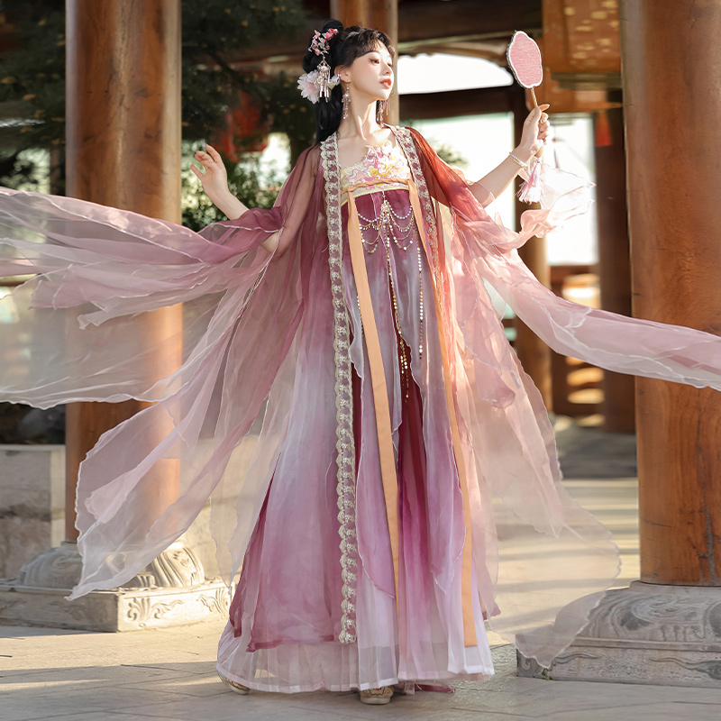 Ženski hanfu u Tang stilu: dvodjelni set do prsa sa širokim rukavima, cvjetni uzorak, svakodnevna proljetno-ljetna nosivost