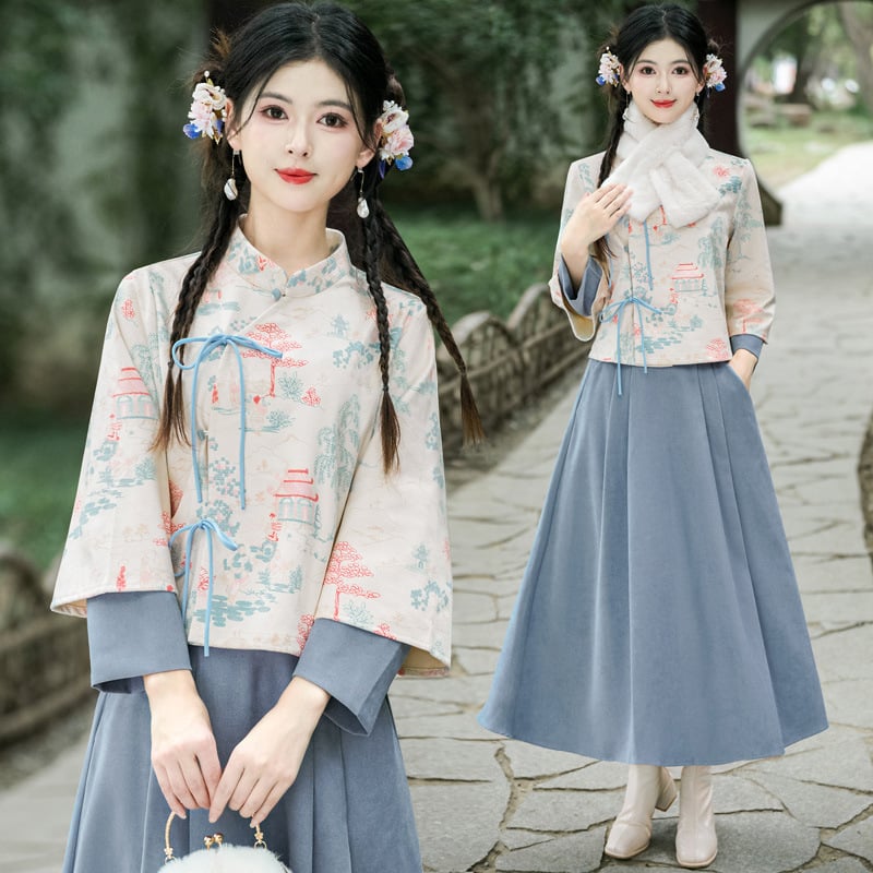 Hanfu inspirirani dvodijelni set: top s stojećim ovratnikom, dijagonalnim zatvaračem i vezanjem, otisnutim dugim rukavom, usklađena midi suknja