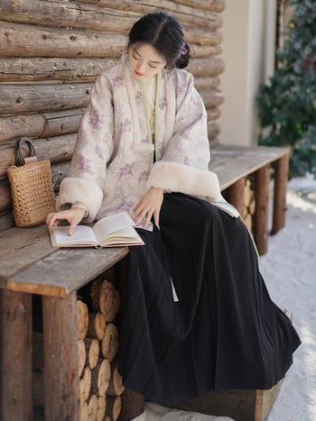 Ženski Hanfu set u Ming stilu: opuštena kratka jakna s elastičnim pojasom i suknja s dizajnom 'Horse-face', jesensko-zimska svakodnevna odjeća.