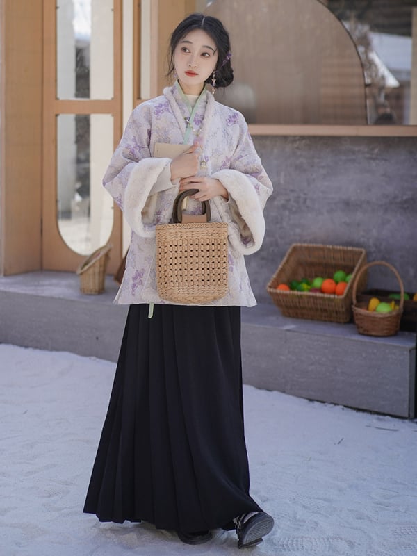 Ženski Hanfu set u Ming stilu: opuštena kratka jakna s elastičnim pojasom i suknja s dizajnom 'Horse-face', jesensko-zimska svakodnevna odjeća.