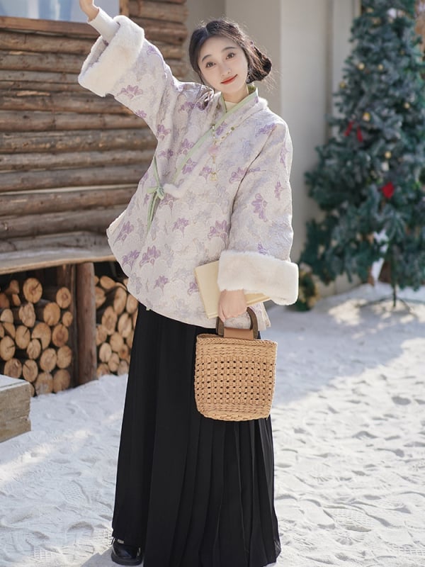 Ženski Hanfu set u Ming stilu: opuštena kratka jakna s elastičnim pojasom i suknja s dizajnom 'Horse-face', jesensko-zimska svakodnevna odjeća.