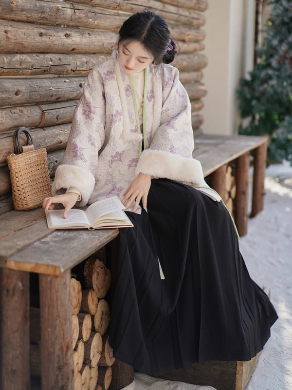 Ženski Hanfu set u Ming stilu: opuštena kratka jakna s elastičnim pojasom i suknja s dizajnom 'Horse-face', jesensko-zimska svakodnevna odjeća.
