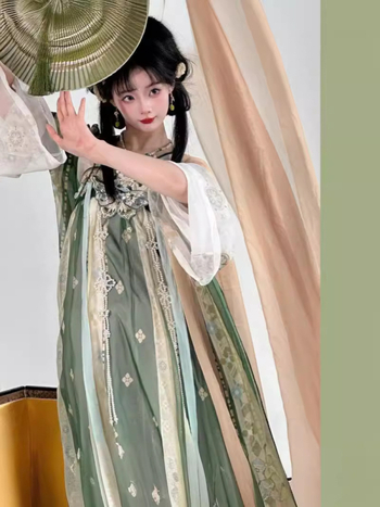 Lin’an proljetni Hanfu za žene, Tang stil, ravna ovratnica, gornji dio s preklopom preko prsa, set topa i suknje, svakodnevni retro stil