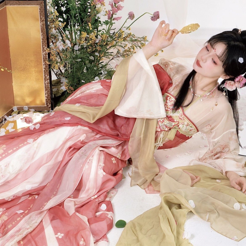 Lin’an proljetni Hanfu za žene, Tang stil, ravna ovratnica, gornji dio s preklopom preko prsa, set topa i suknje, svakodnevni retro stil