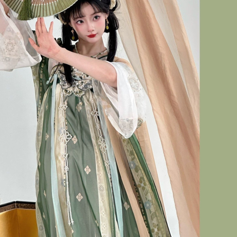 Lin’an proljetni Hanfu za žene, Tang stil, ravna ovratnica, gornji dio s preklopom preko prsa, set topa i suknje, svakodnevni retro stil