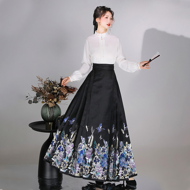 Luozhu Hanfu za žene, Ming inspiriran stil, gradijentna izvezena bluza s visokim ovratnikom i suknja Horse-Face s perlama